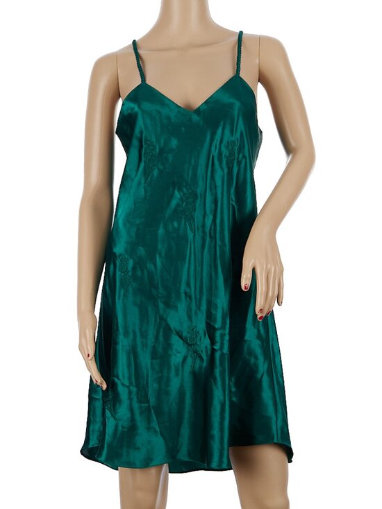 Vintage Other - Vintage Intimate Emerald Green Embroidered Shiny Satin Nightie Slip Dress Medium